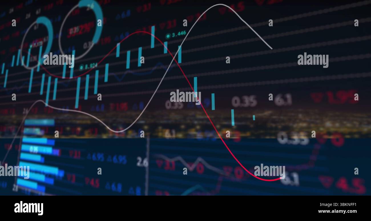 Displaying financial chart over night skyline with candlesticks ...