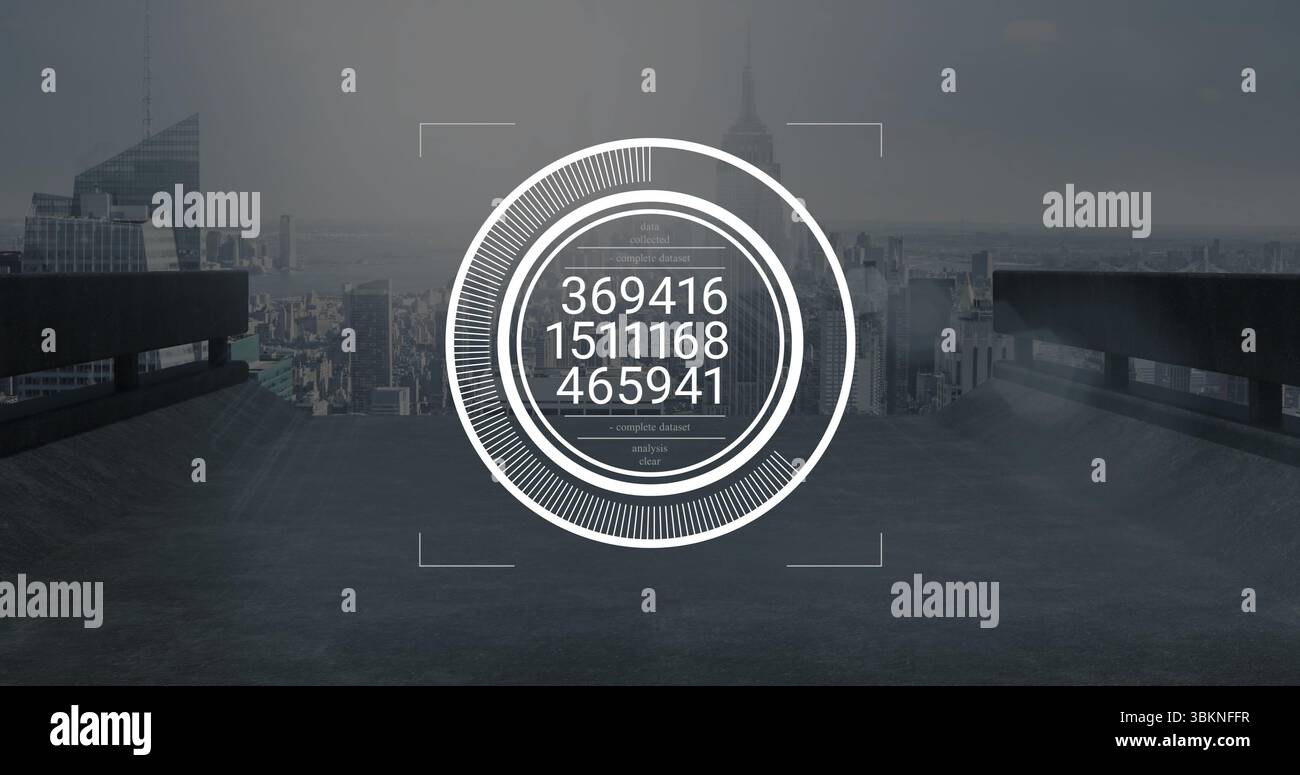 Displaying white circular HUD interface overlaying data rings on rooftop with skyline analysis Stock Photo