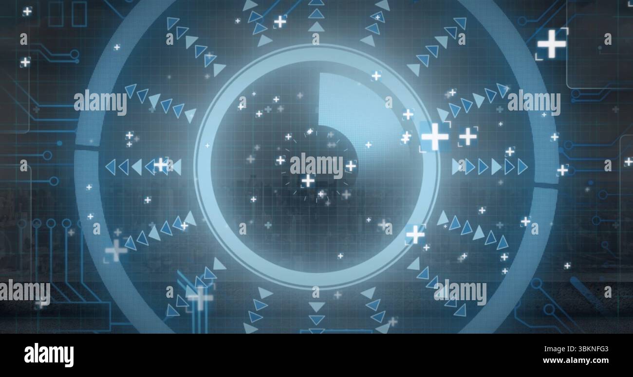 Displaying concentric ring interface radiating arrows and plus icons on screen grid, with circuits Stock Photo