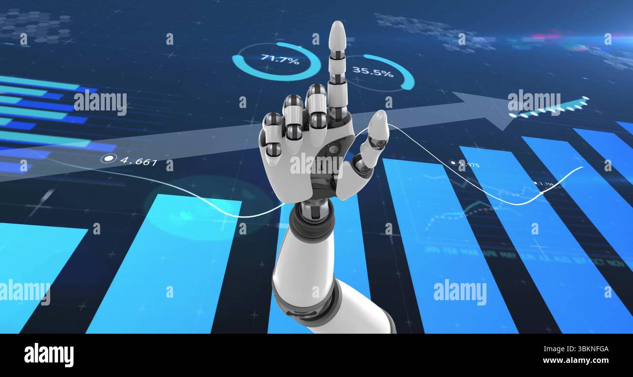 Reaching robotic hand interacting with virtual data display with bar charts arrow line graph Stock Photo