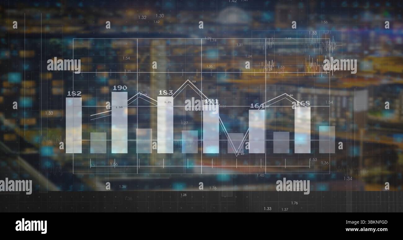 Displaying vertical bar chart over blurred city skyline, with numeric labels line graph grid lines Stock Photo