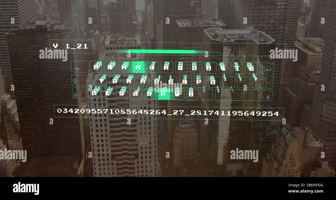 Floating green holographic keyboard with numeric code above downtown skyline, showing progress bar Stock Photo