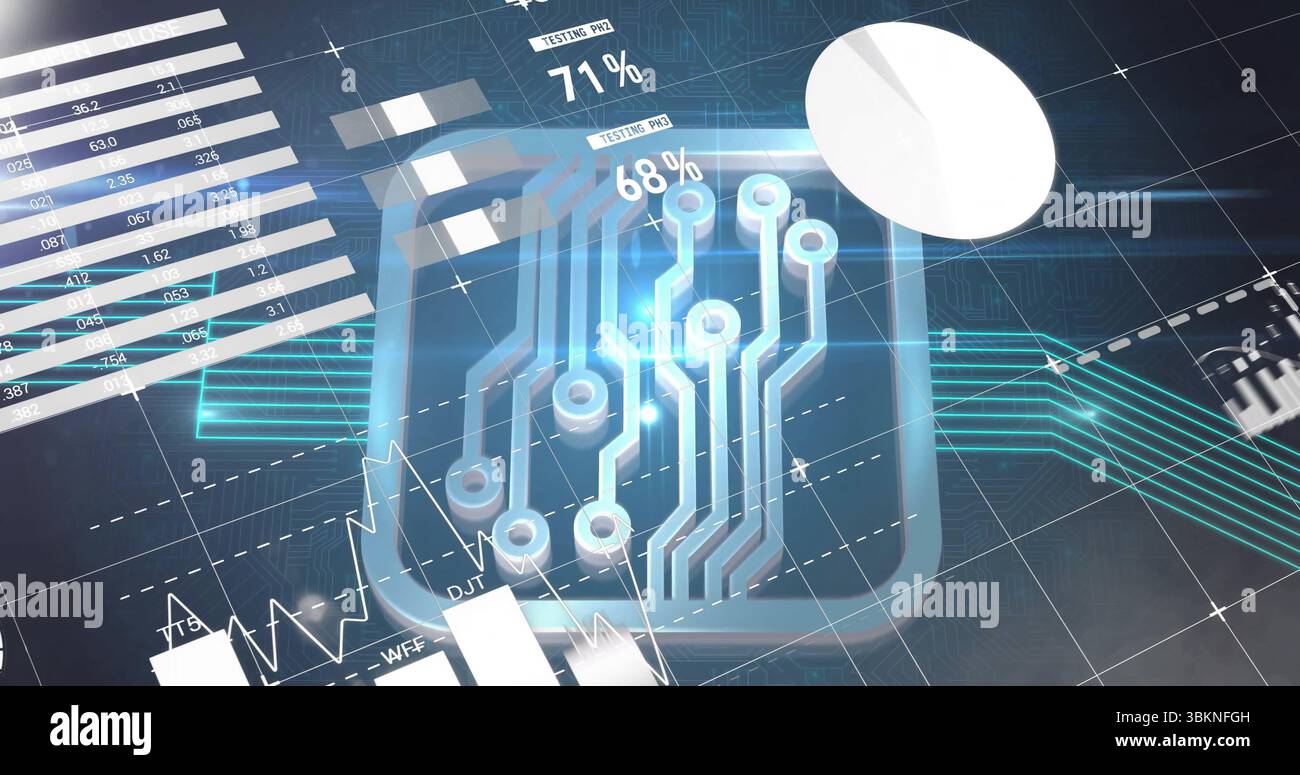 Displaying stylized microchip icon extending circuit traces on dark ...