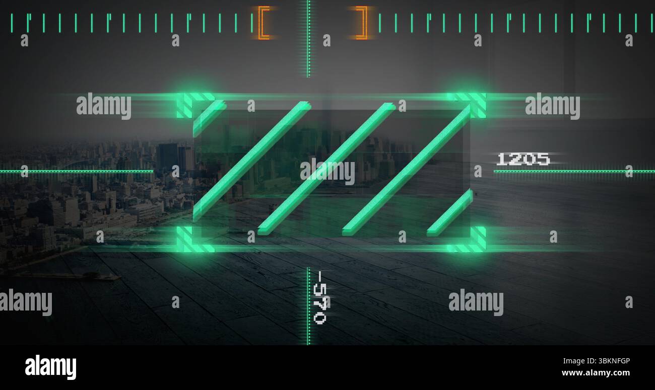 Displaying central HUD scanning interface at waterfront wooden deck ...