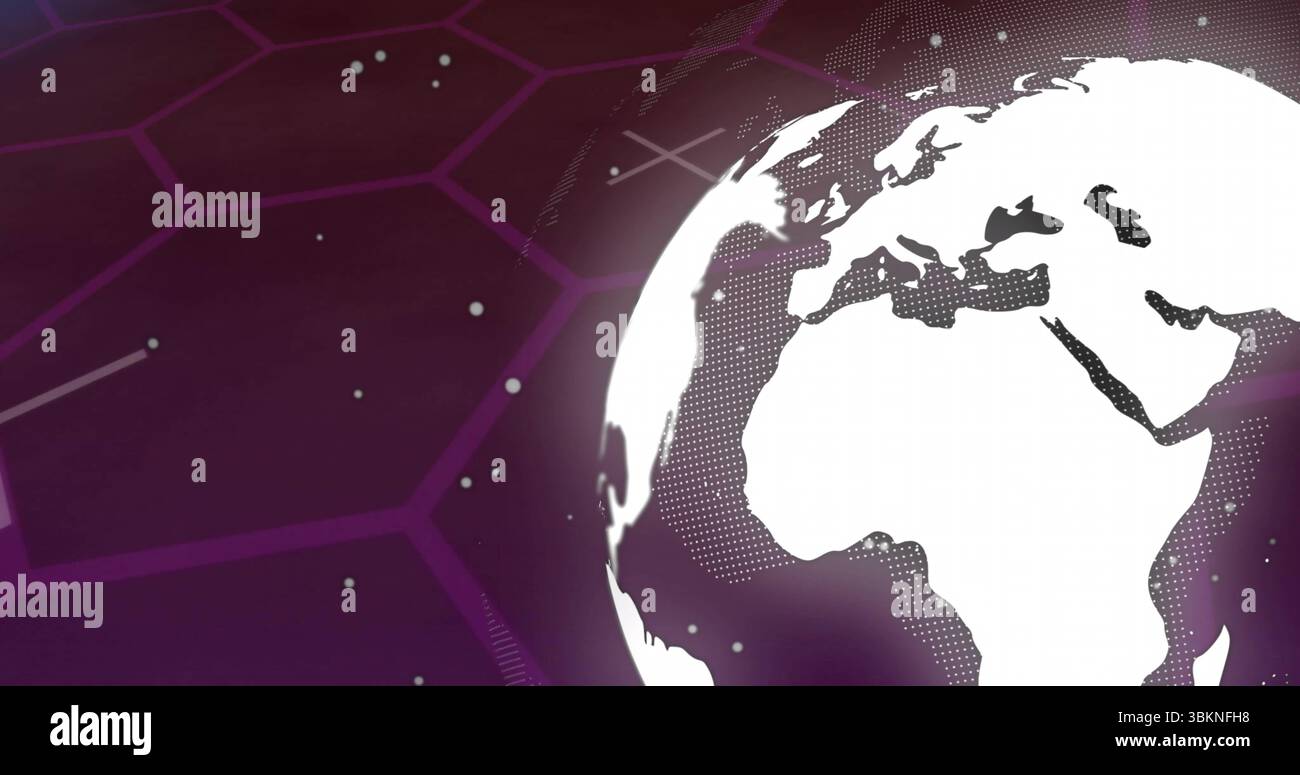 Spinning white globe showing continents in purple tech background, with grid, particles and streaks Stock Photo