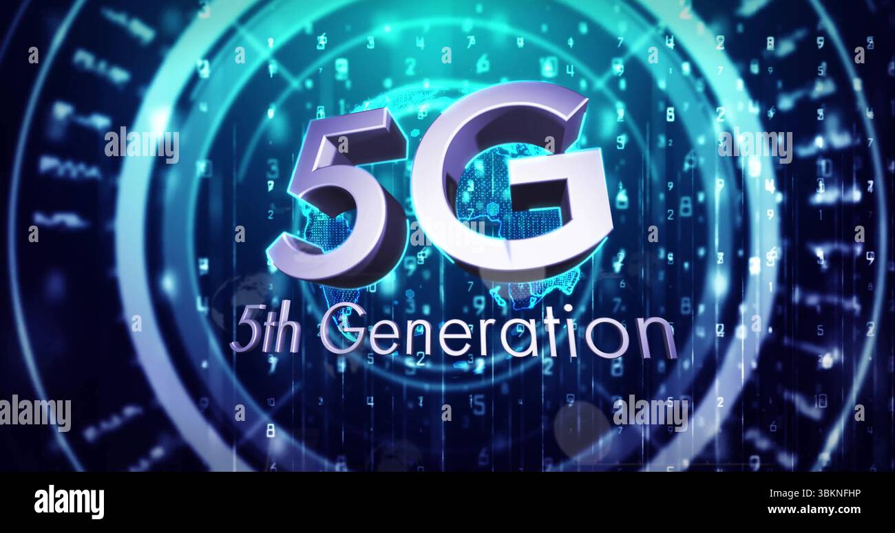 Displaying metallic 5G text showing data flow in network interface, with globe and binary digits Stock Photo
