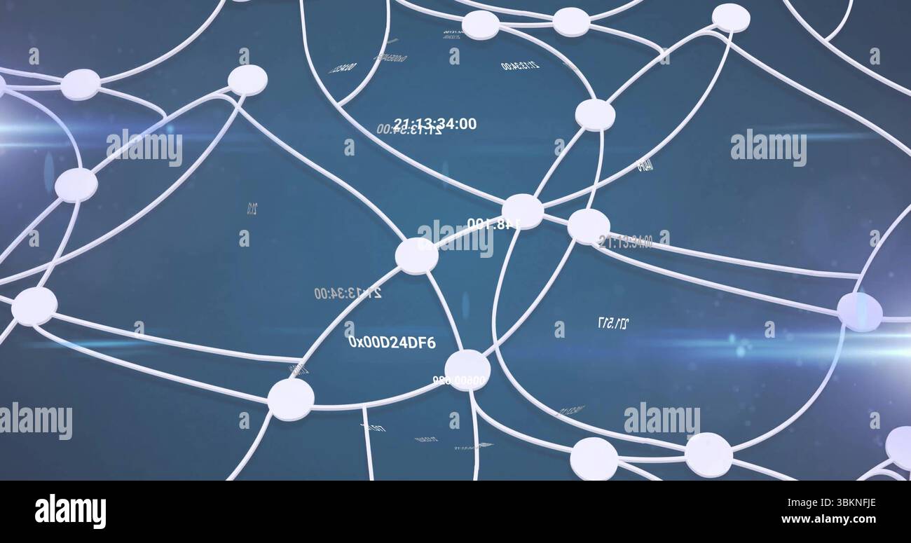 Displaying network with white circular nodes linked by lines in digital interface, floating codes Stock Photo