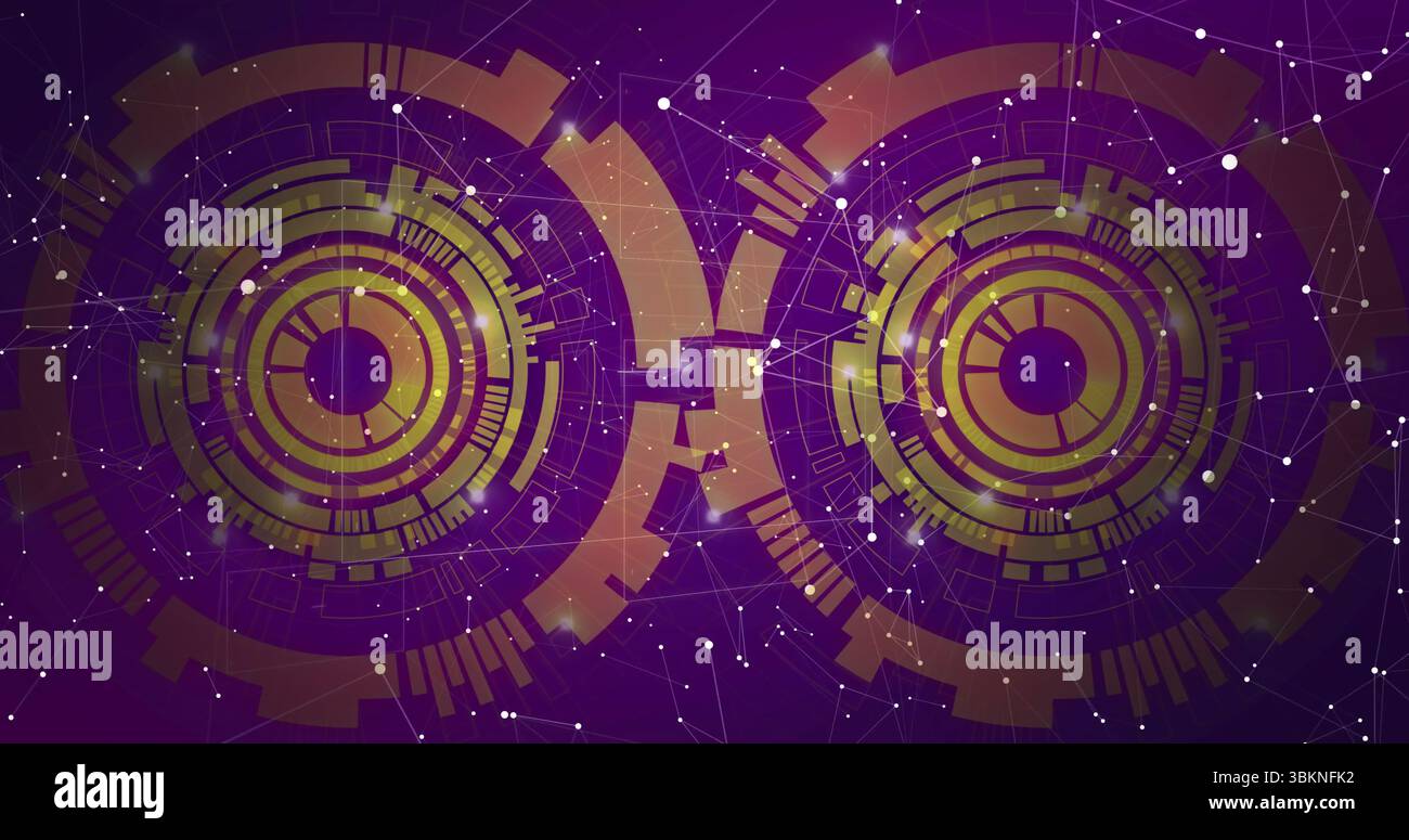 Two concentric HUD rings rotating in virtual interface, with bars, data blocks and network nodes Stock Photo
