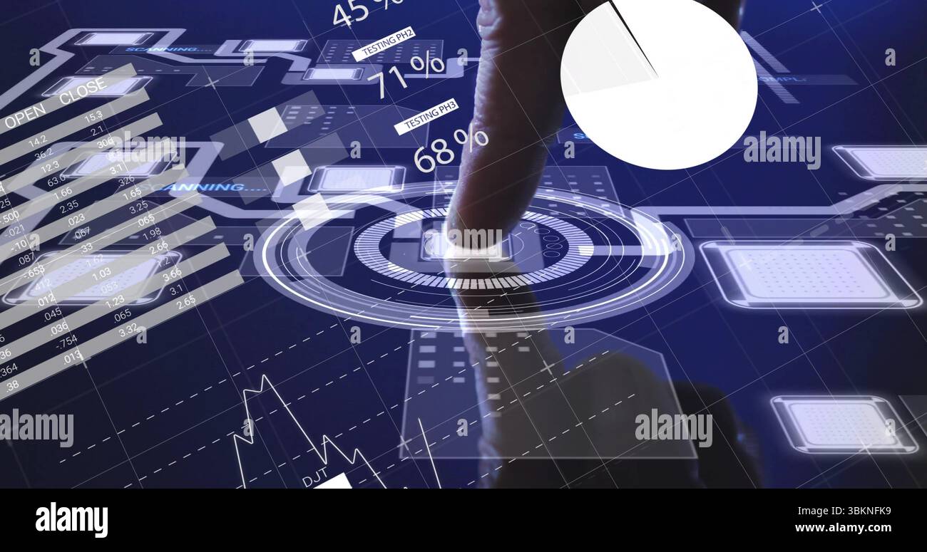 Tapping mid adult male hand selecting square button on dial at holographic display, with charts Stock Photo
