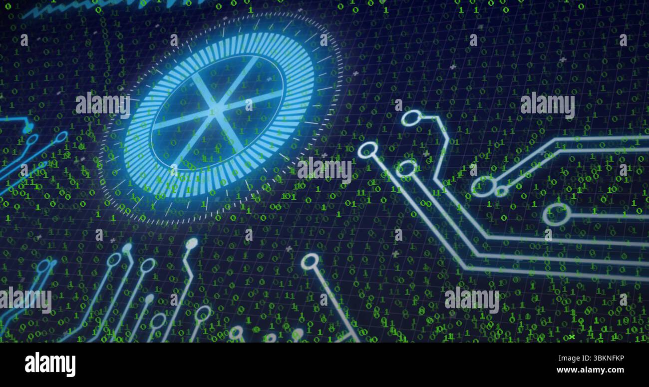 Glowing circular HUD element rotating on grid in digital space, with binary code and circuit traces Stock Photo