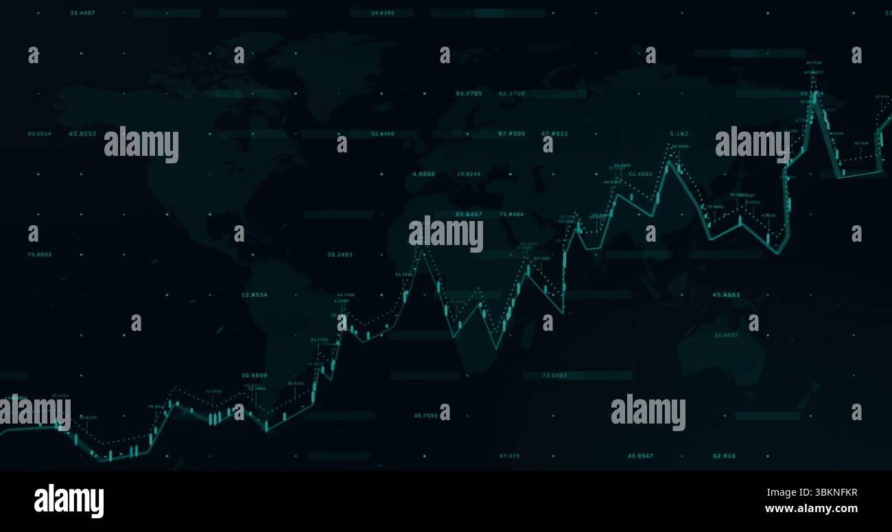 Displaying turquoise line graph tracking global data trends on dashboard, with glowing data points Stock Photo