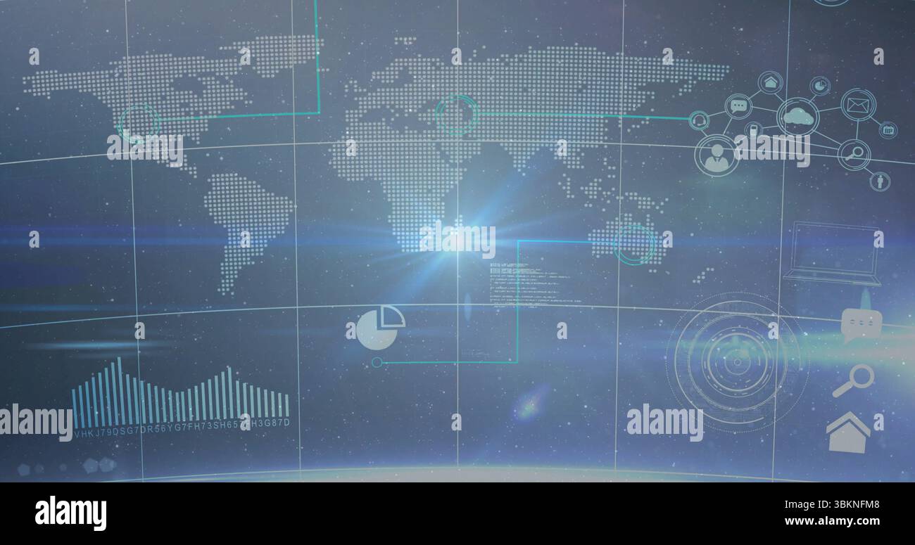 Projecting dotted world map interface in starry space, showing pie chart, network nodes, lens flare Stock Photo