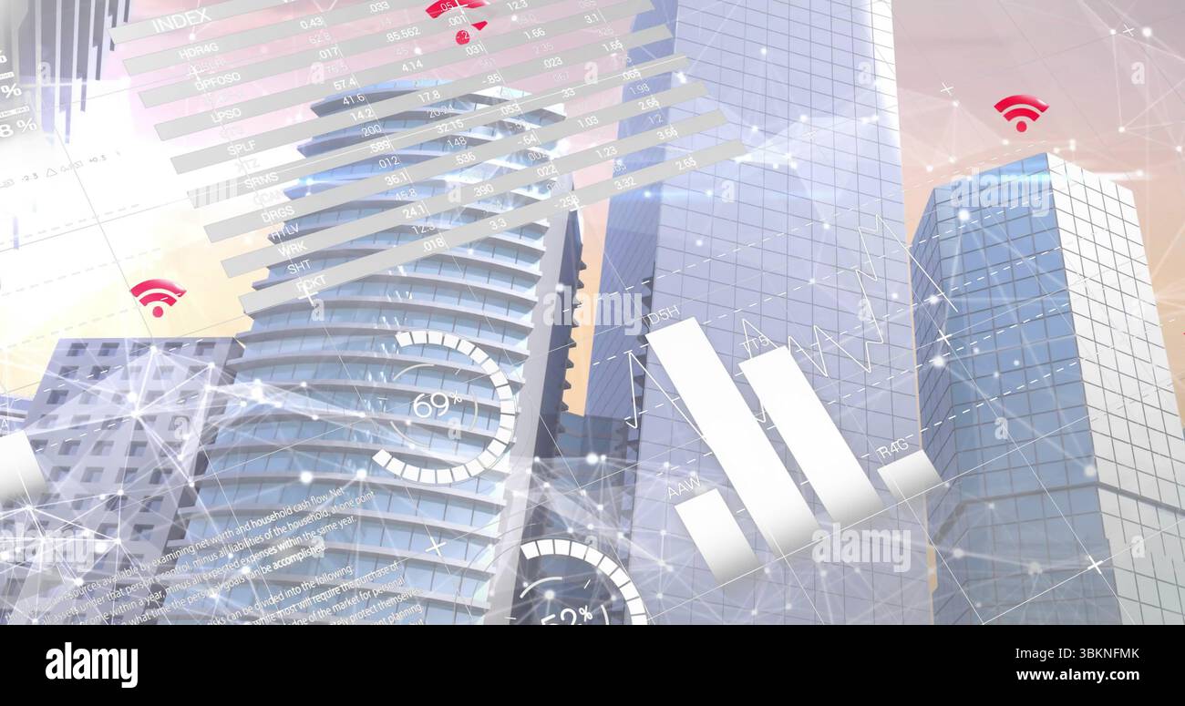 Merging glass towers at street level with charts, index table, gauge ...