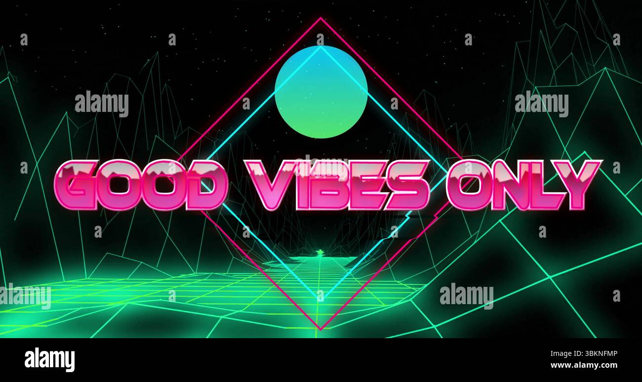 Hovering neon pink 3D text 'GOOD VIBES ONLY' in retro futuristic grid, with gradient sphere Stock Photo