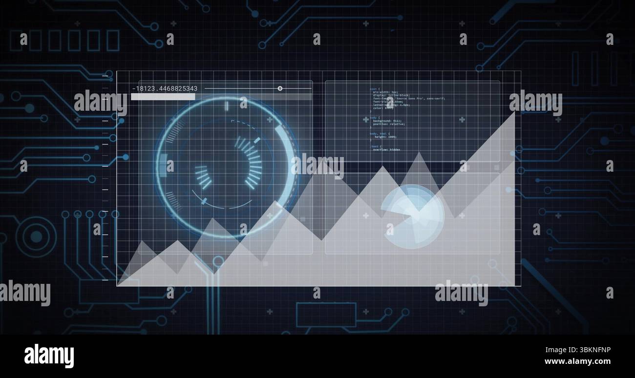 Displaying translucent panel on digital dashboard, with line graph, gauge, pie chart and code text Stock Photo