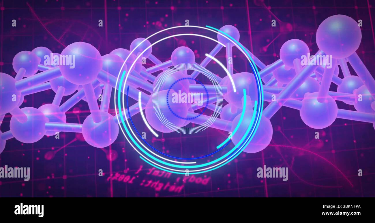 Displaying digital molecule chain with translucent spheres on dark grid, with floating code and HUD Stock Photo