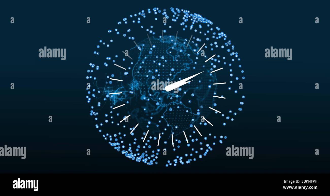 Digital globe rotating in dark backdrop, showing glowing nodes, connecting lines and data points Stock Photo