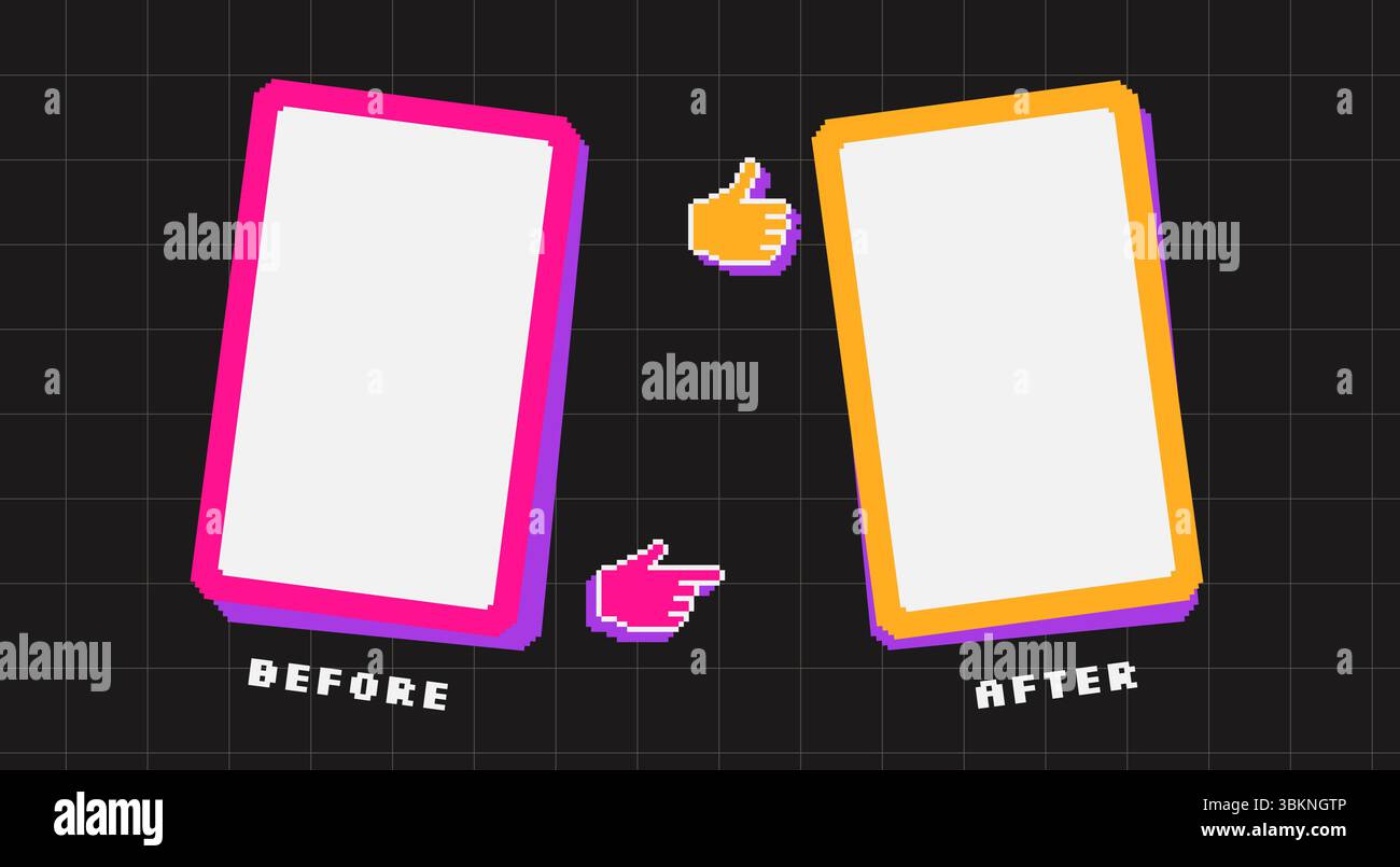 Before and after y2k neon colors pixel template. Retro 8 bit frames for ...
