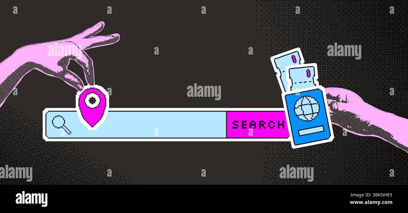 Travel collage with photocopy hands with pixel art elements sticker ...