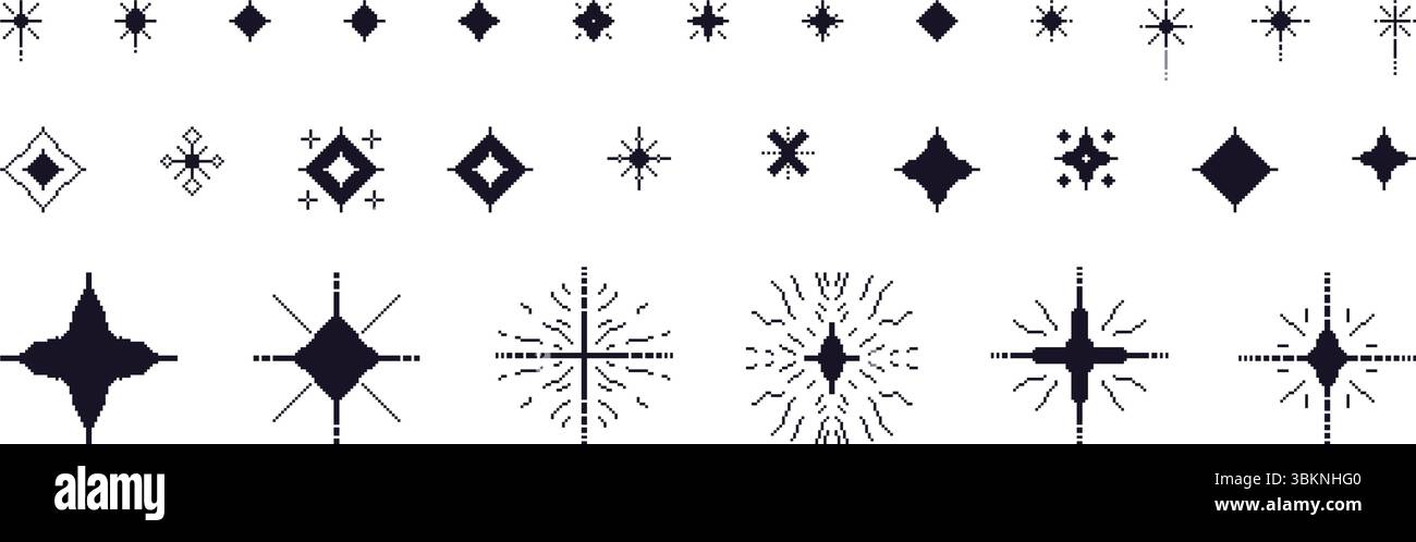Pixel art stars silhouette. 8 bit outline sparkles. Magic firework icons in retro 90s style. Black lines shine glitter. Twinkle y2k snowflakes. starbu Stock Vector