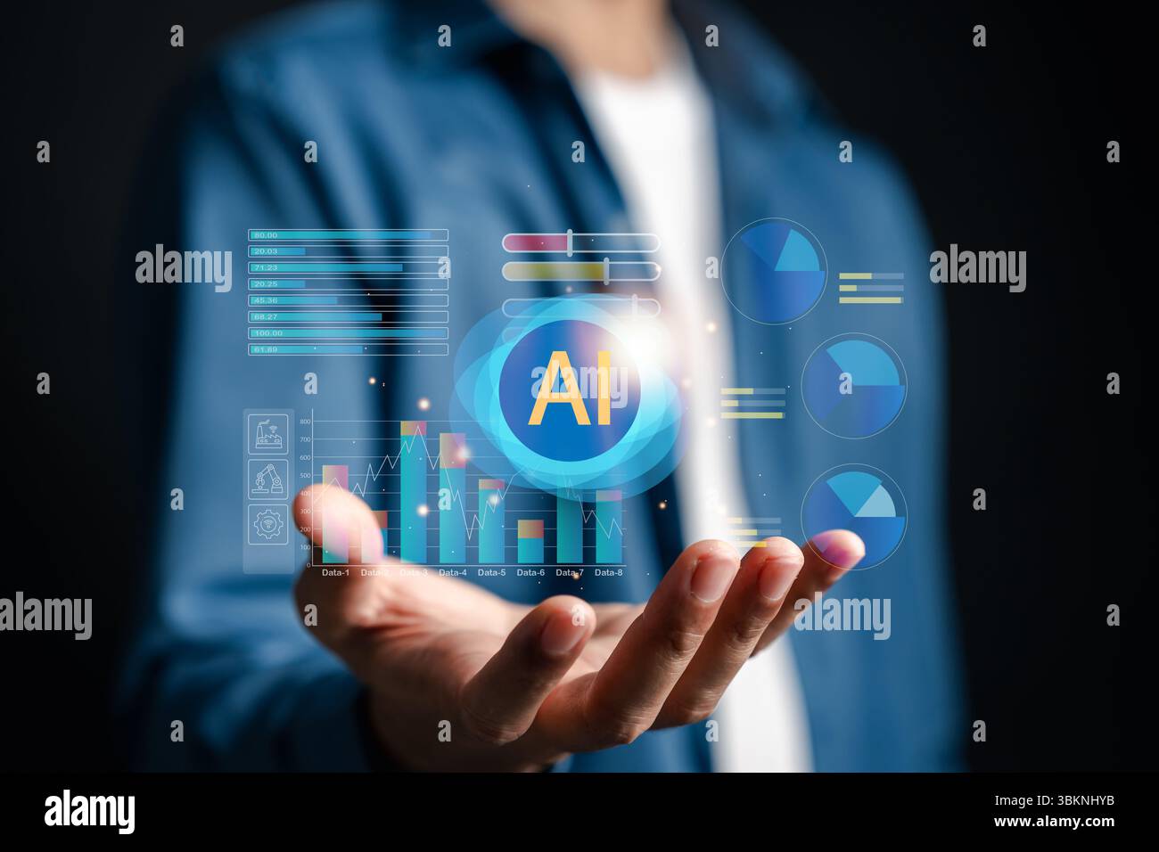 AI system analyzing data through cloud dashboards and charts. Showcasing predictive analytics, statistics, and smart processing technology for digital Stock Photo