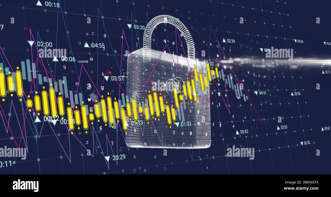Floating wireframe padlock over grid showing candlestick bars, line graph, triangles, timestamps Stock Photo