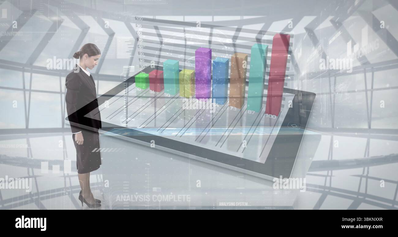 Standing businesswoman observing tablet displaying 3D bar chart in modern atrium, copy space Stock Photo