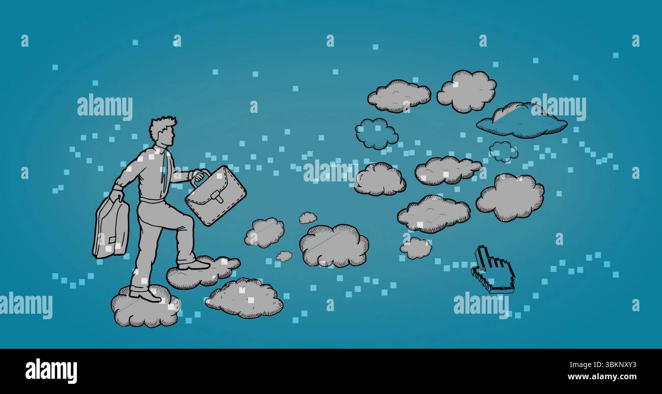 Businessman stepping on clouds in digital environment, with briefcase, pixels, cursor, copy space Stock Photo