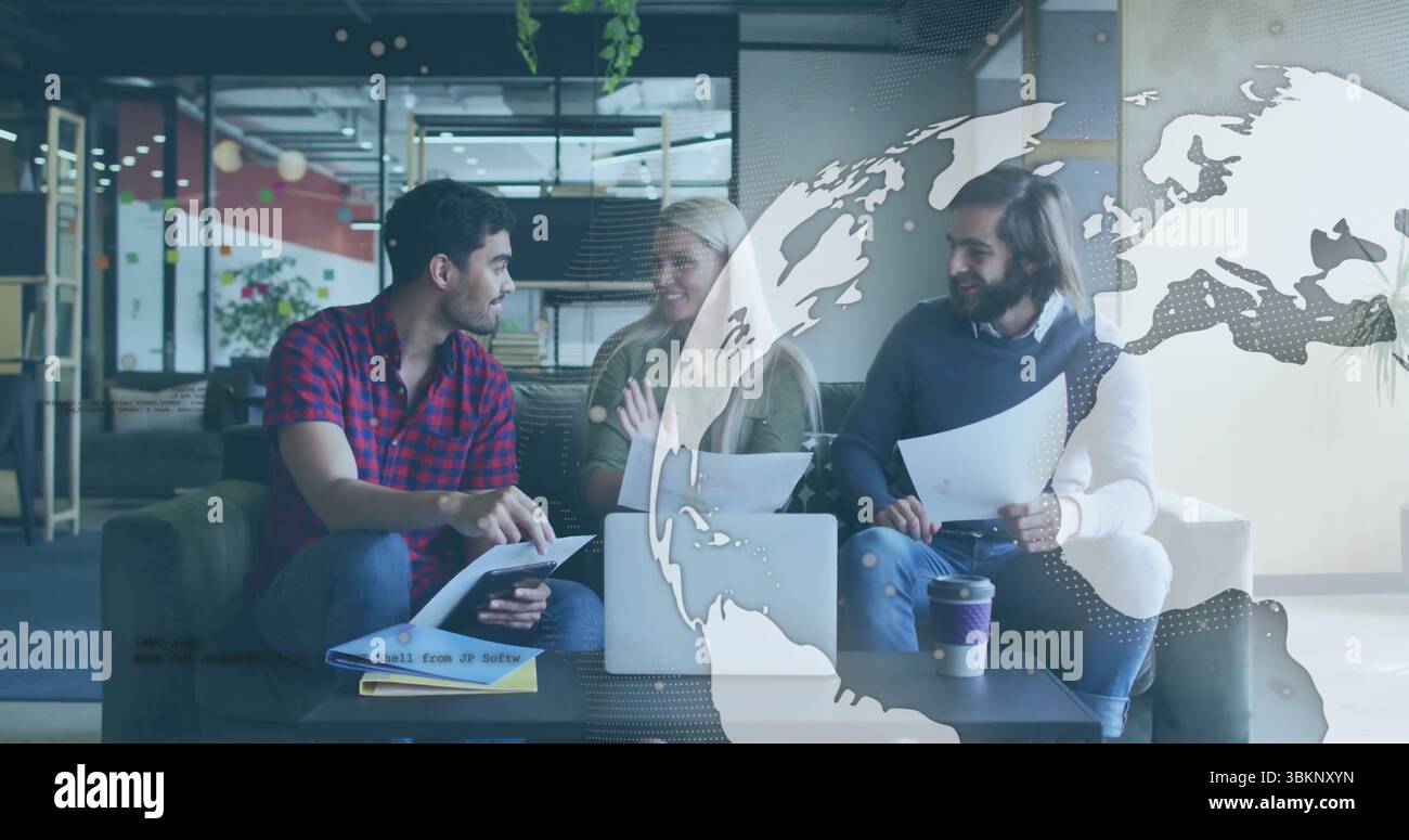 Three female colleagues reviewing documents hi-res stock photography ...