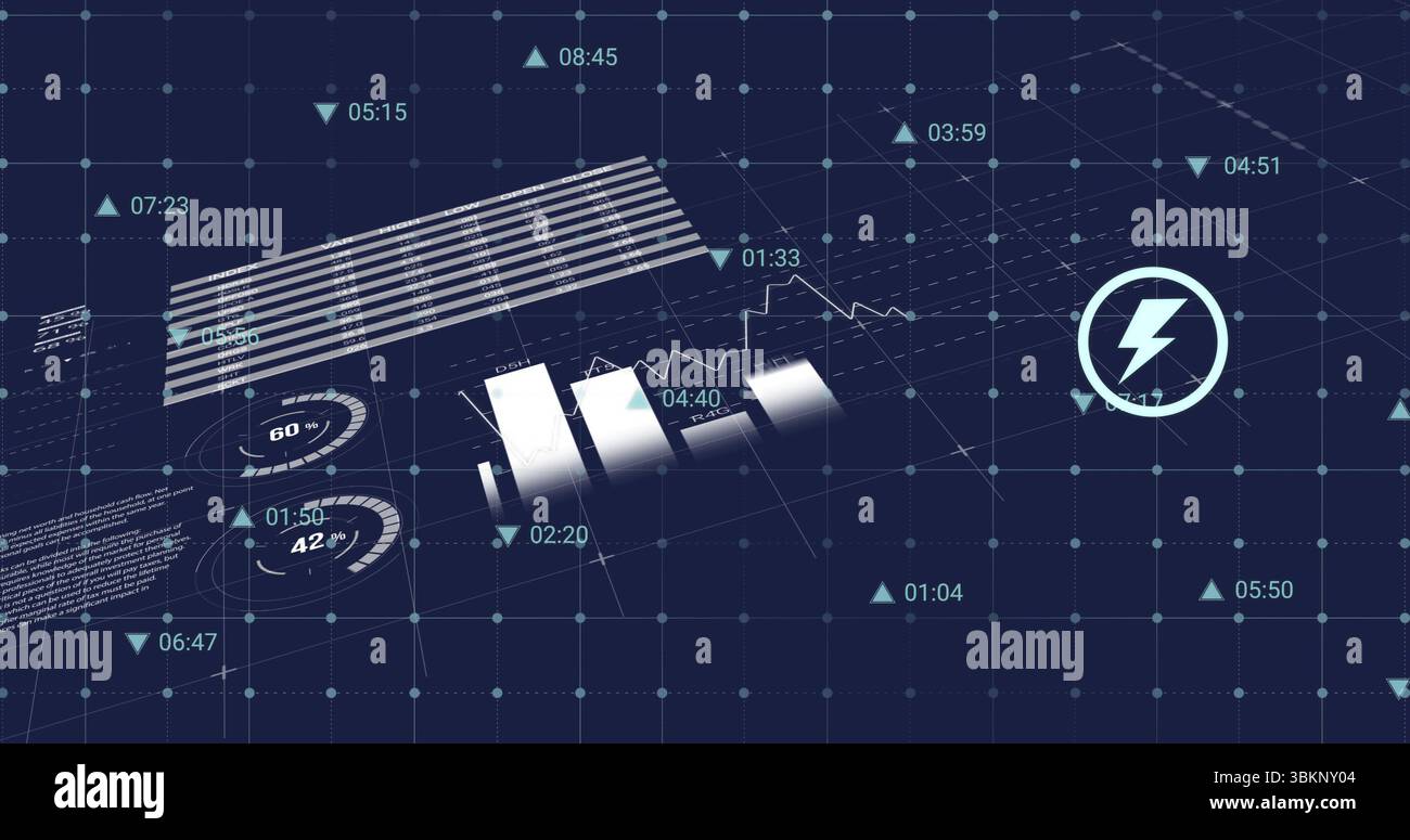 Displaying 3D analytics panel floating over dark blue grid, with bar chart gauges lightning icon Stock Photo