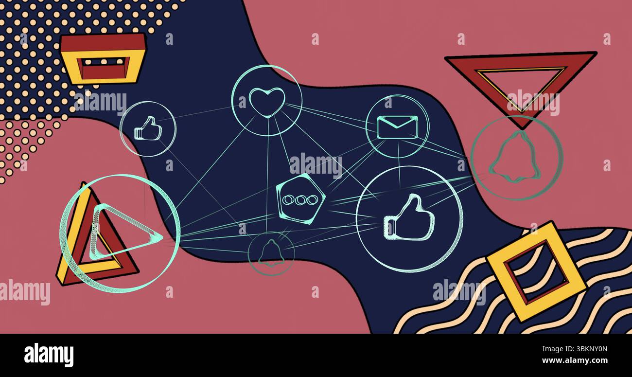 Showing social media icons in art background with heart, thumbs up, bell, play and geometric shapes Stock Photo