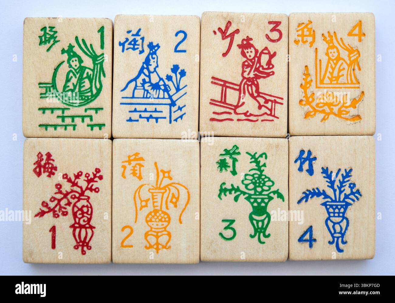 Full sets of flower and season tiles from a game of mahjong Stock Photo