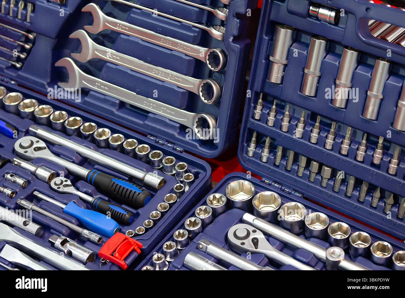 Box with set of tools for car repair close-up. Industry Stock Photo