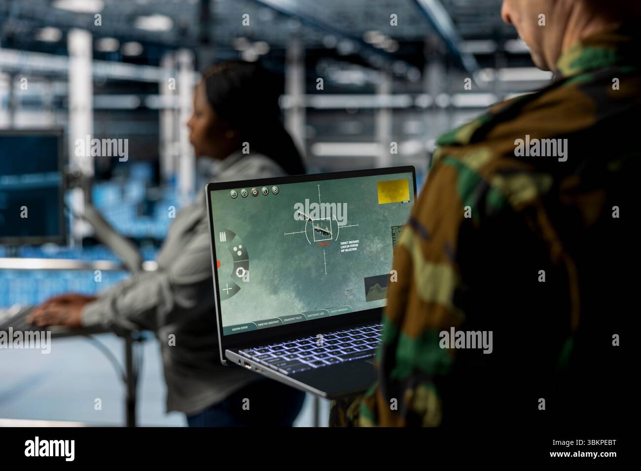 Close up of military officer in data center looking at missile lock ...