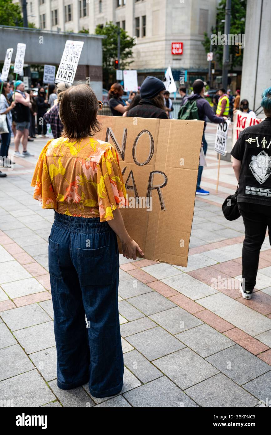 Seattle, USA. 22st Jun 2025. Around 150-200 protestors gather just ...