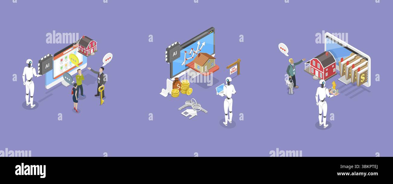 3D Isometric Flat Illustration of AI In Real Estate, AI-Assisted Home ...