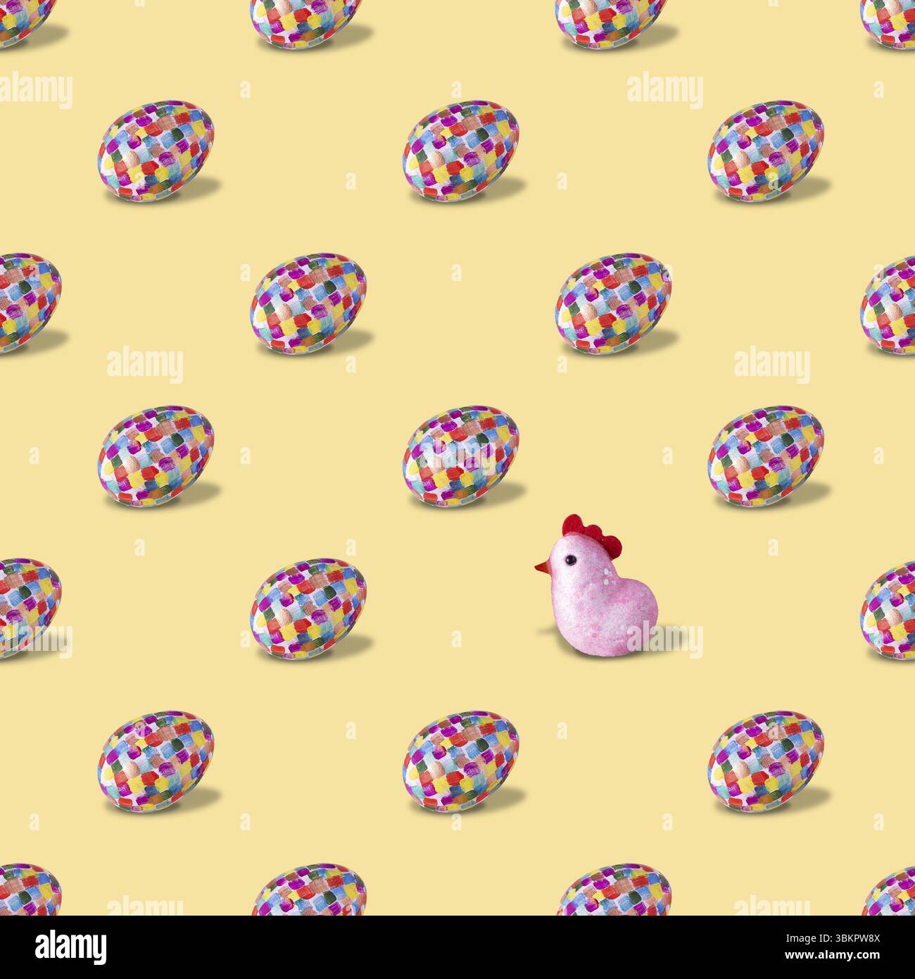 Easter eggs, toy chick on a beige background, seamless pattern Stock Photo