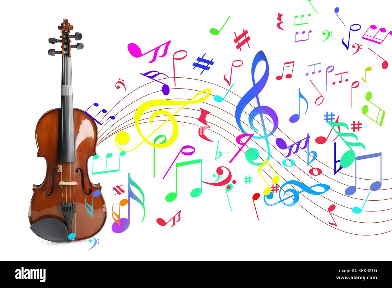 Classic violin and colorful music notes on white background Stock Photo ...
