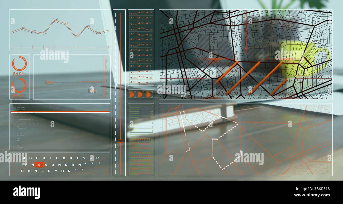 Displaying HUD UI in office with panels: graph, gauge, map, code-sequence, table and path diagram Stock Photo