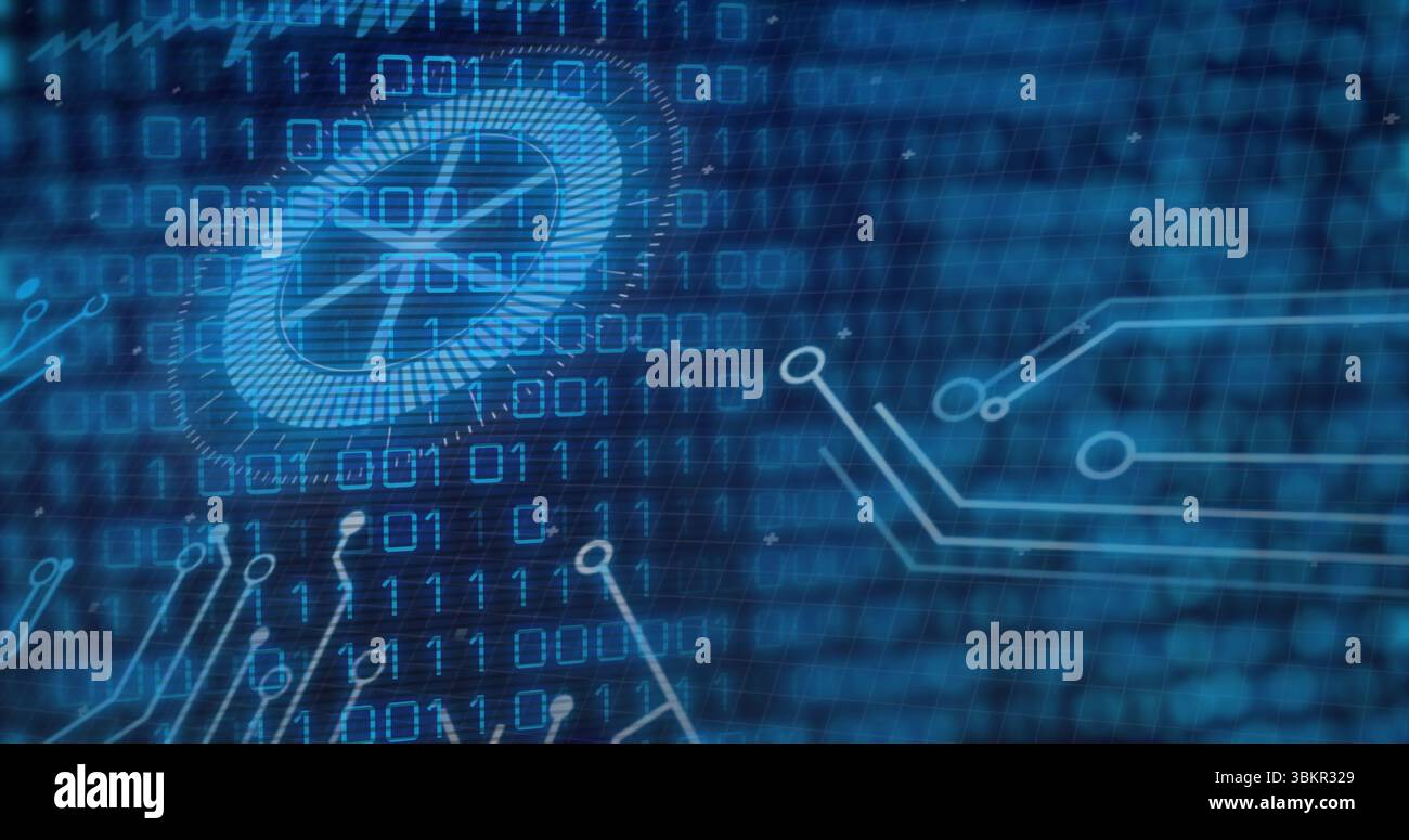 Displaying stylized digital coin glowing over network interface, with circuit lines and binary code Stock Photo