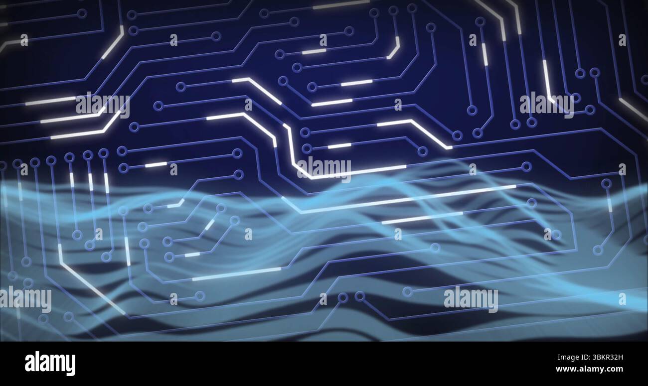 Displaying glowing circuit traces and nodes across digital interface, with flowing blue waveforms Stock Photo