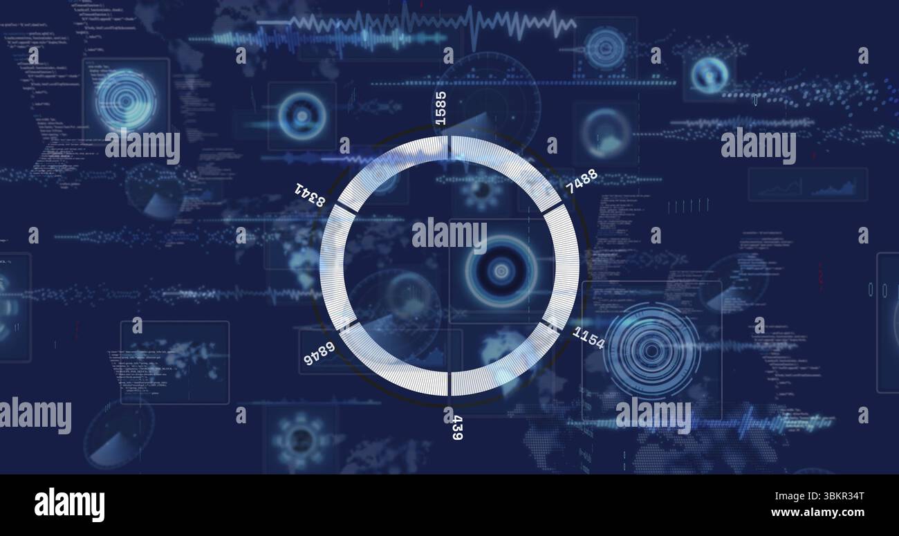 Showing segmented ring chart glowing white-blue on interface, with HUD charts and code panels Stock Photo