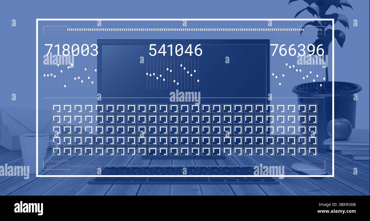 Displaying laptop showing numeric codes and grid on dark screen at home ...