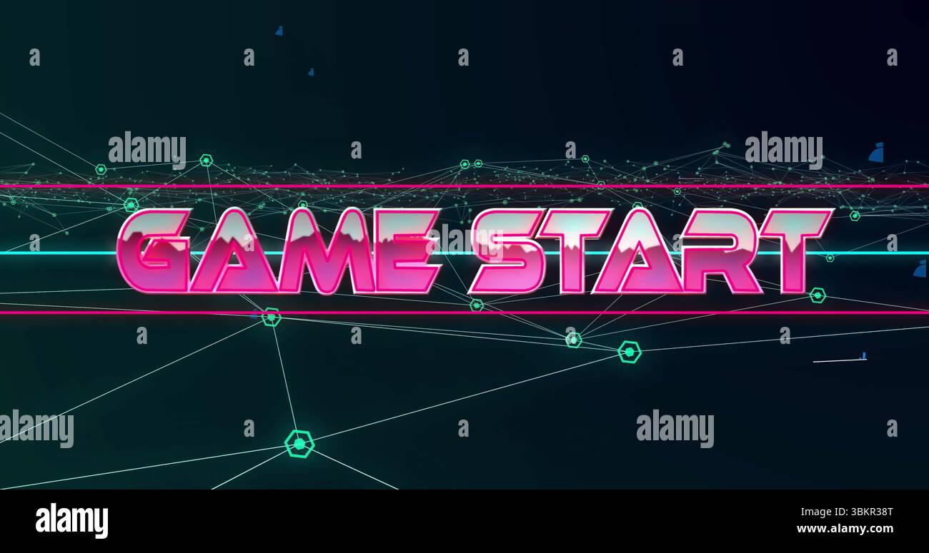Displaying neon pink GAME START in grid with teal nodes, neon framing lines and floating fragments Stock Photo