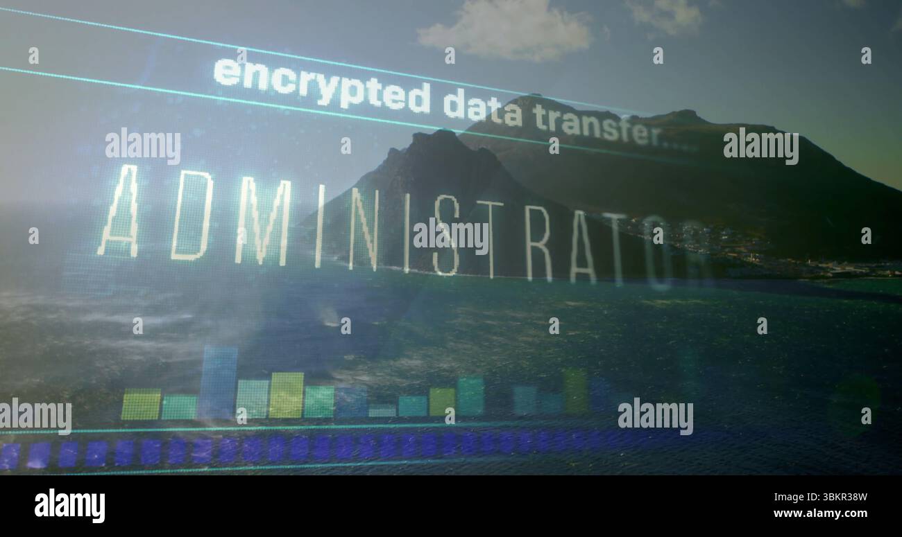Displaying overlay showing ADMINISTRATION and bar chart over mountain, with encrypted data transfer Stock Photo