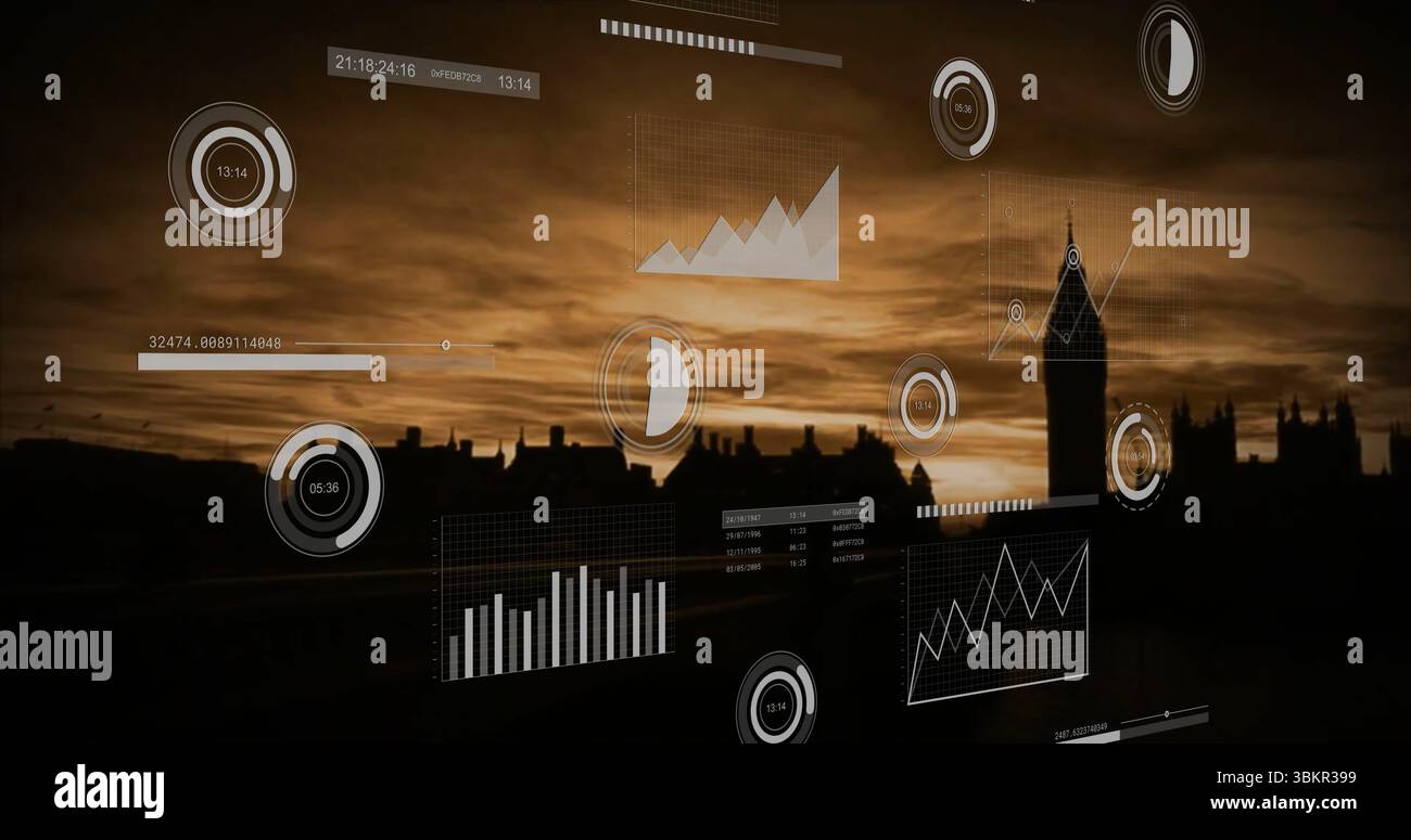 Displaying holographic data overlay over city skyline at dusk, with ...