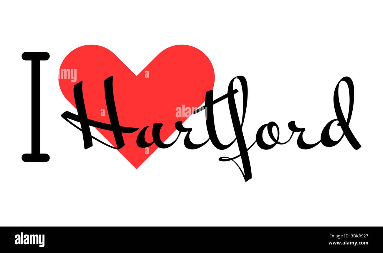 I love Hartford, city of United States. Hand drawn letters with red heart. Vector illustration lettering, modern design for print t shirt, banner, pos Stock Vector