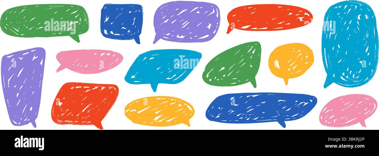 Colored hand drawn speech bubble collection. Scribbled textured dialog box set. Crayon doodled comic talk frames. Red, yellow, green balloon text box bundle. Bright sketched chat boxes pack. Vector Stock Vector