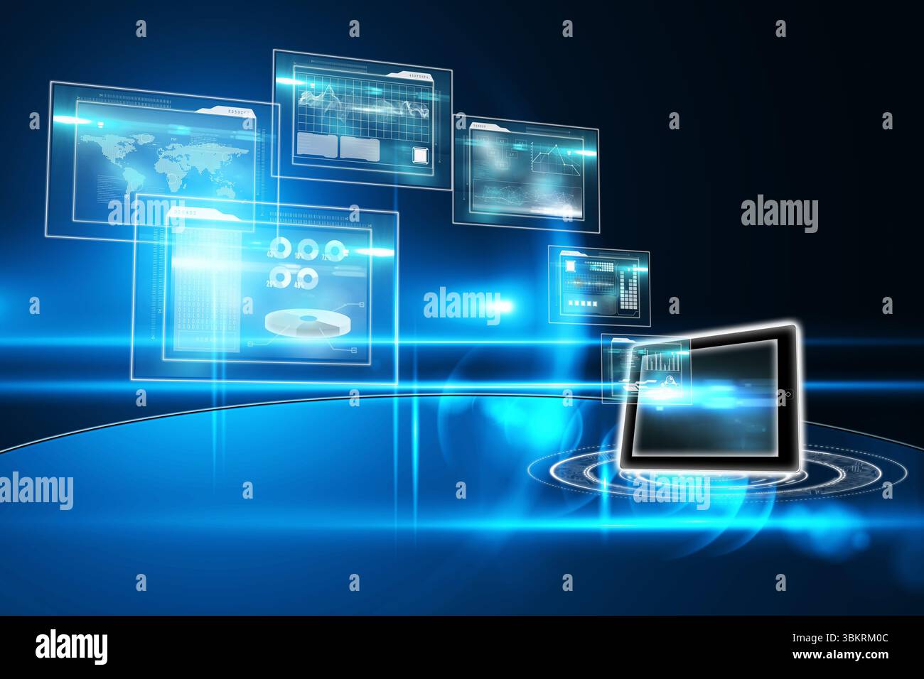3D render is showing tablet resting on glowing ring while holographic data panels are floating Stock Photo