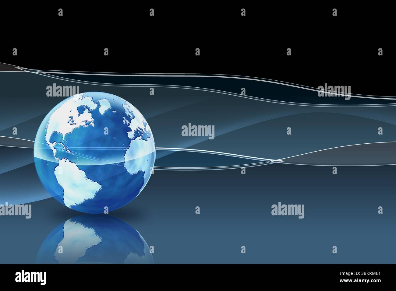Blue white 3D globe is reflecting on glossy platform in blue gradient, showing waveforms and lines Stock Photo